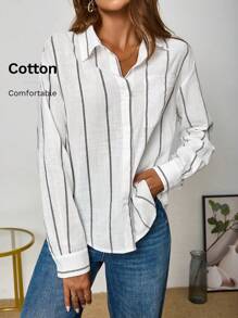 QIANZHIDU 女士宽松竖条纹长袖休闲办公商务风衣，优雅成熟，秋季衬衫，女士优雅衬衫，春季女装，女士派对衬衫，女士休闲衬衫，女士衬衫 - 白色 - 查看 8