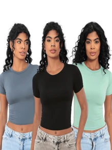 Moderna & Slim Kit 3: Women's Baby Tee: Slim Fit Short Sleeve Blouse - 1 Đen và 1 Xám 1 Xanh ngọc - Xem 1