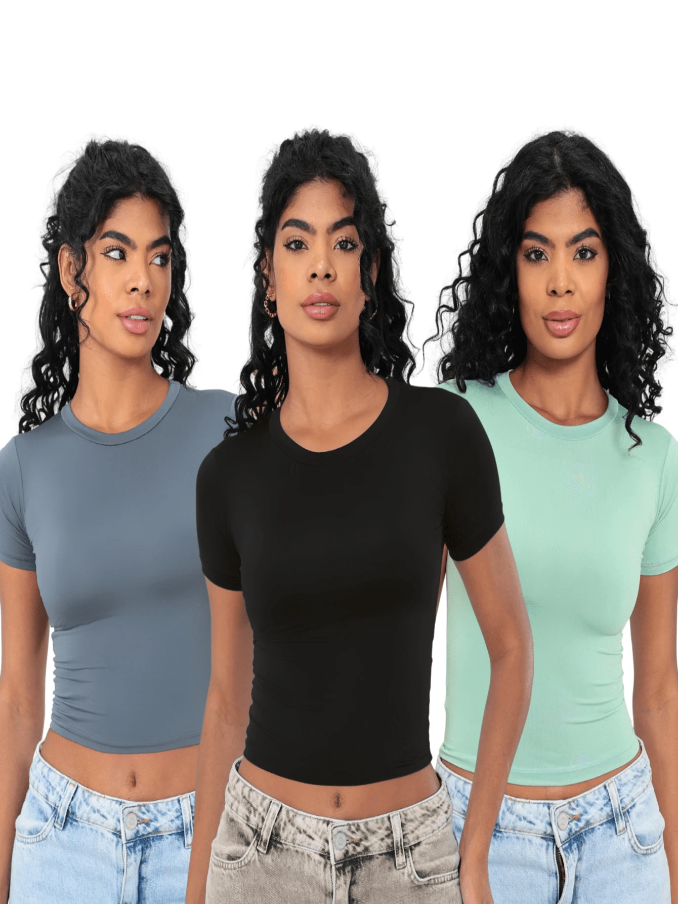 Moderna & Slim Kit 3: Women's Baby Tee: Slim Fit Short Sleeve Blouse - 1 Đen và 1 Xám 1 Xanh ngọc - Xem 1