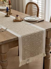 1pc Handwoven Tassel Decor Table Runner, Water-Repellent And Stain-Resistant, Modern Minimalist Style, Elevates Dining Table Artistry For Family Gatherings Or Holiday Celebrations - Brown - View 2