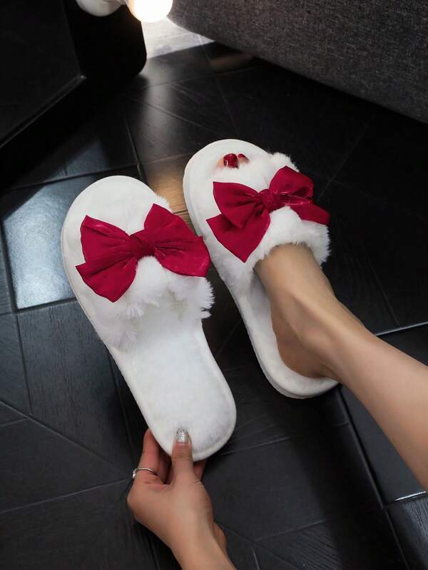 Bow Decor Women's Open Toe Slippers, Comfortable Lightweight Indoor Outdoor Warm Gift Shoes, White
