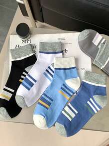 5 Pairs Men's Moisture-Wicking Breathable Striped Crew Socks, Sports Style, Suitable For Spring, Autumn And Winter - Multicolor - View 6