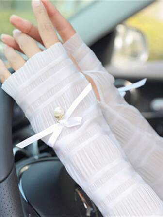 1 对蝴蝶结蕾丝防晒袖套，防紫外线，优雅女士冰丝，长臂保护，适合驾驶和骑行