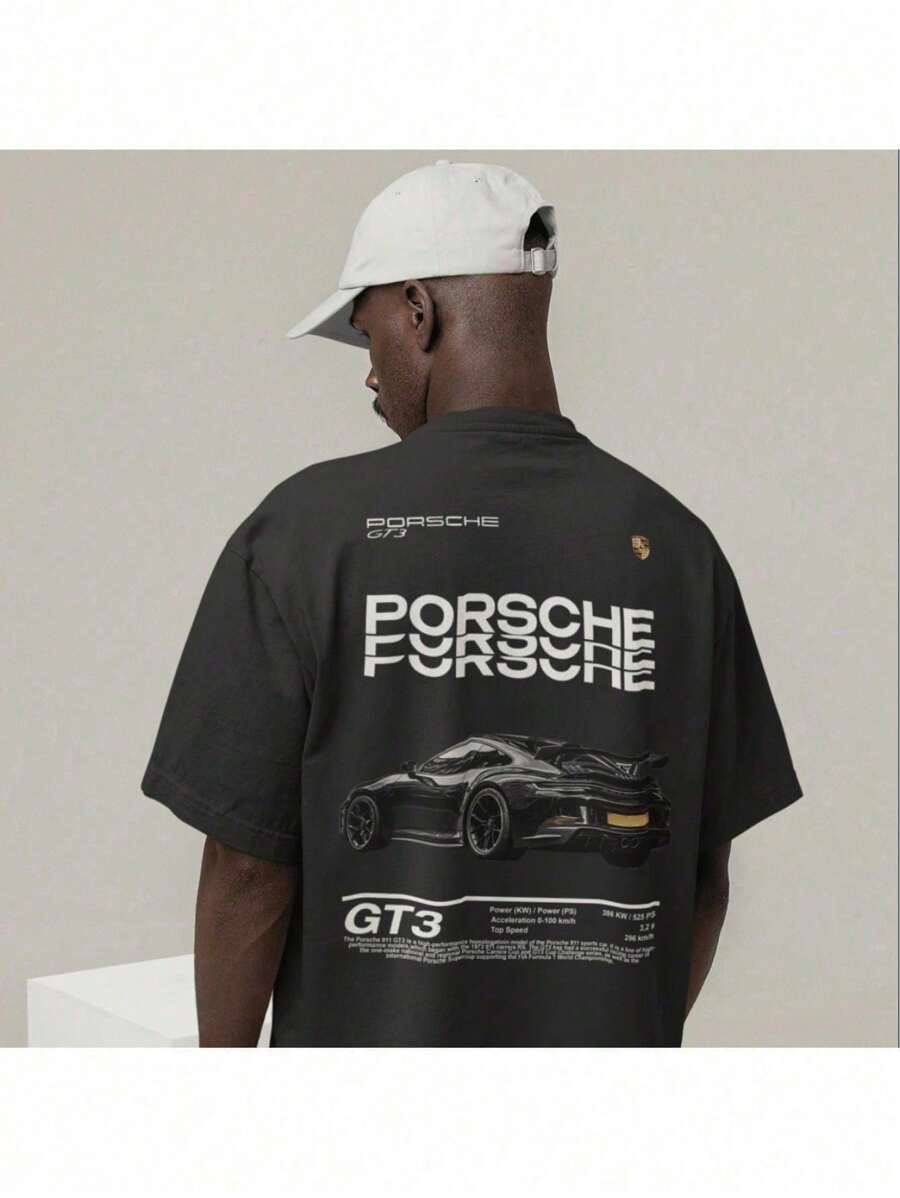 Cotton T-Shirt Print Design Car 911 Gt3 Speed - Negro - Ver 1