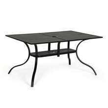 Outdoor Patio 2 Tiers Black Iron Steel Slatted Dining Table With Umbrella Hole For 6 Person - 60" X 37" - 黑色 - 查看 6