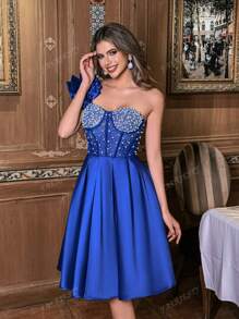 Faeriesty Elegant One-Shoulder Satin Cocktail Dress With Rhinestone & Beaded Bodice | Party Evening Gown For Wedding Guest, Formal Events