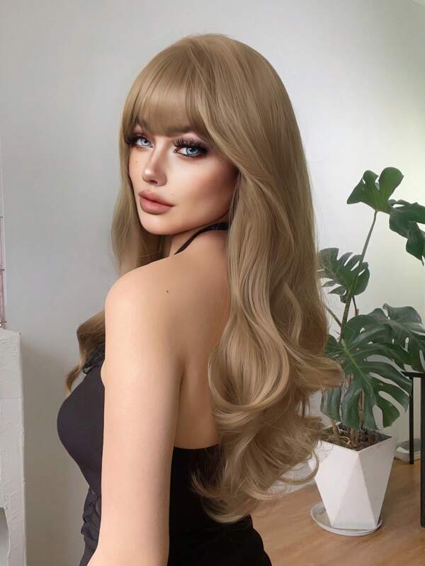 1-Piece Synthetic Heat Resistant Long Curly Wavy Hair With Bangs Wig Golden Brown 26 Inch Fully Machine Woven Daily Natural Realistic Wig