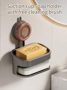 1 Pc Creative Light Luxury Free Punching Sucker Wall Hanging Removable Stainless Steel Wood Grain Bathroom Soap Box, Hollow Drain, Load-Bearing Capacity, Convenient Bathroom Use, Easy To Take, Single And Double Optional, Double Layer Send A Sponge Brush