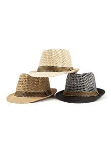 1pc Solid Color Boho Natural Straw Sun Hat, Fashionable Decorative Unisex Hat Suitable For All Seasons