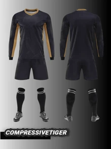 2pcs Boy's Personalized Soccer Jersey - Customizable Name And Number Print Stripe Decor Long Sleeve Tottenham T-Shirt + Long Co-Ord Quick-Drying Sweat-Absorbing Sports Set As Gift, Halloween, Thanksgiving, Christmas And New Year Gifts - Black - View 2