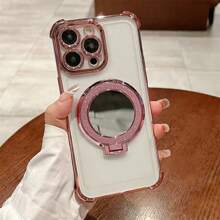 Transparent Anti-Fall Airbag Makeup Mirror Magnetic Bracket TPU Electroplated Phone Case Compatible With IPhone 17/6/7/8/X/XS/XR/11/12/13/14/15/16e, Galaxy S22/23/24, A04/05/06/A07/A17/A14/A15/A16/A24/A25/A34, Redmi Note 7/8/9/10/11/12/13/14, Redmi 9/10/12/13C/14C/A5, OPPO, MOTO, Honor X, HW, Realme C53 C55