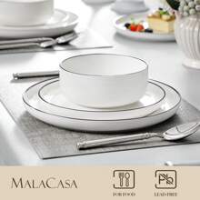 MALACASA 18 Piece Set Of White And Black Edged Ceramic Tableware With Vertical Curved Edges Including 6 Plates/Dessert Plates/Bowls Serving 6 People - White - View 4