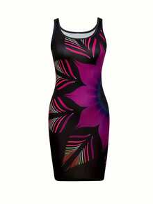 Robe décontractée à imprimé chaîne pour femmes grandes tailles, simple et élégante pour le port quotidien, les vacances d'été - Prune - Voir 2