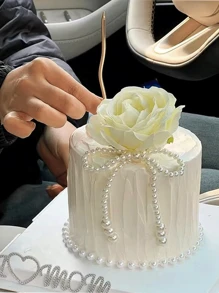 1pc Pearl Bow Cake Decoration Set Pearl Chain Cake Decoration Pink Ribbon Bow Artificial Bulk Used For Wedding Bridal Gift Party Birthday Party Decoration Supplies