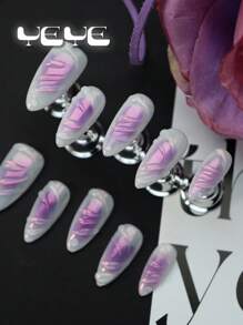 Y2K Elevate Your Style With 10pcs Almond Handmade Elegant Mermaid Romantic Light Purple Boho Full Cover Fake Nails Set Korea Style Gradient Purple Vanity 3d Three-Dimensional Decoration Shell Line Elegant Full Coverage Acrylic Press On Nails Kit For Women And Girls Daily & 1pc Mini Nail File & 1 Sheet Adhesive Tabs