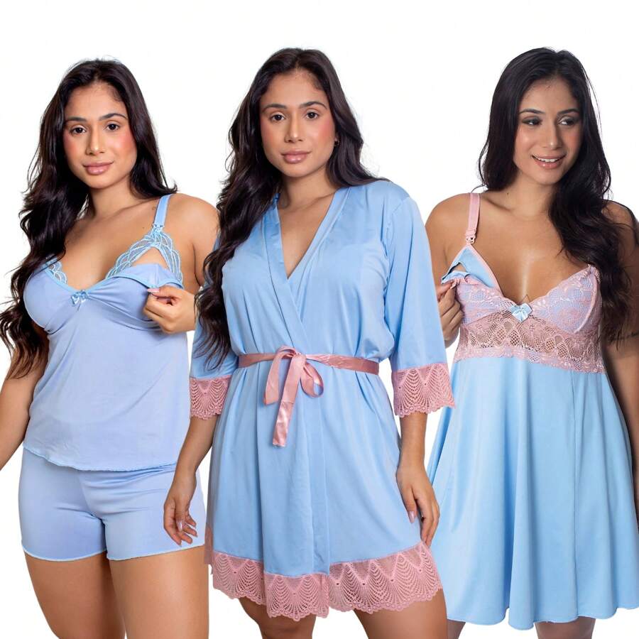Breastfeeding Kit With Robe, Fernanda Nightgown And 3-Piece Baby Doll In Microfiber And Lace - 淺藍色 - 查看 1