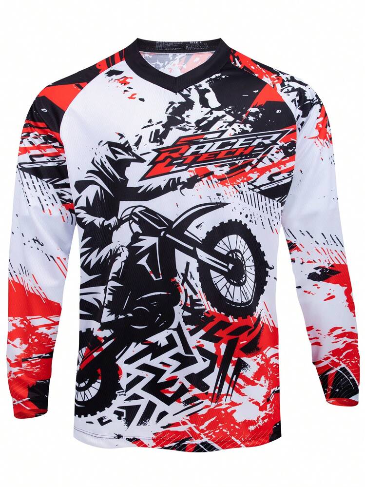 TELEYI Camiseta de motocross de carreras del equipo RAC, 100% poliéster transpirable que absorbe la humedad, cuello en V de manga larga con mangas raglán para ciclismo, senderismo y actividades al aire libre - Diseño de impresión láser, equipo de motociclismo para deportes de primavera - Multicolor - Añade 2