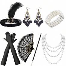 Lata 20. XX wieku, makijaż imprezowy dla kobiet, maskarada, kolczyki, elegancka, elegancka, ekskluzywna opaska na głowę, rękawiczki, bransoletka, uchwyt na papierosy, koronkowy wachlarz, 7-częściowy zestaw kostiumów imprezowych