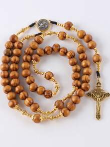 GO2CJBEADS 1 pieza Rosario vintage católico joyería 59 piezas cuentas de madera de 10mm collar con cruz, collar artesanal de cadena de suéter con cruz de madera católica colgante para hombres