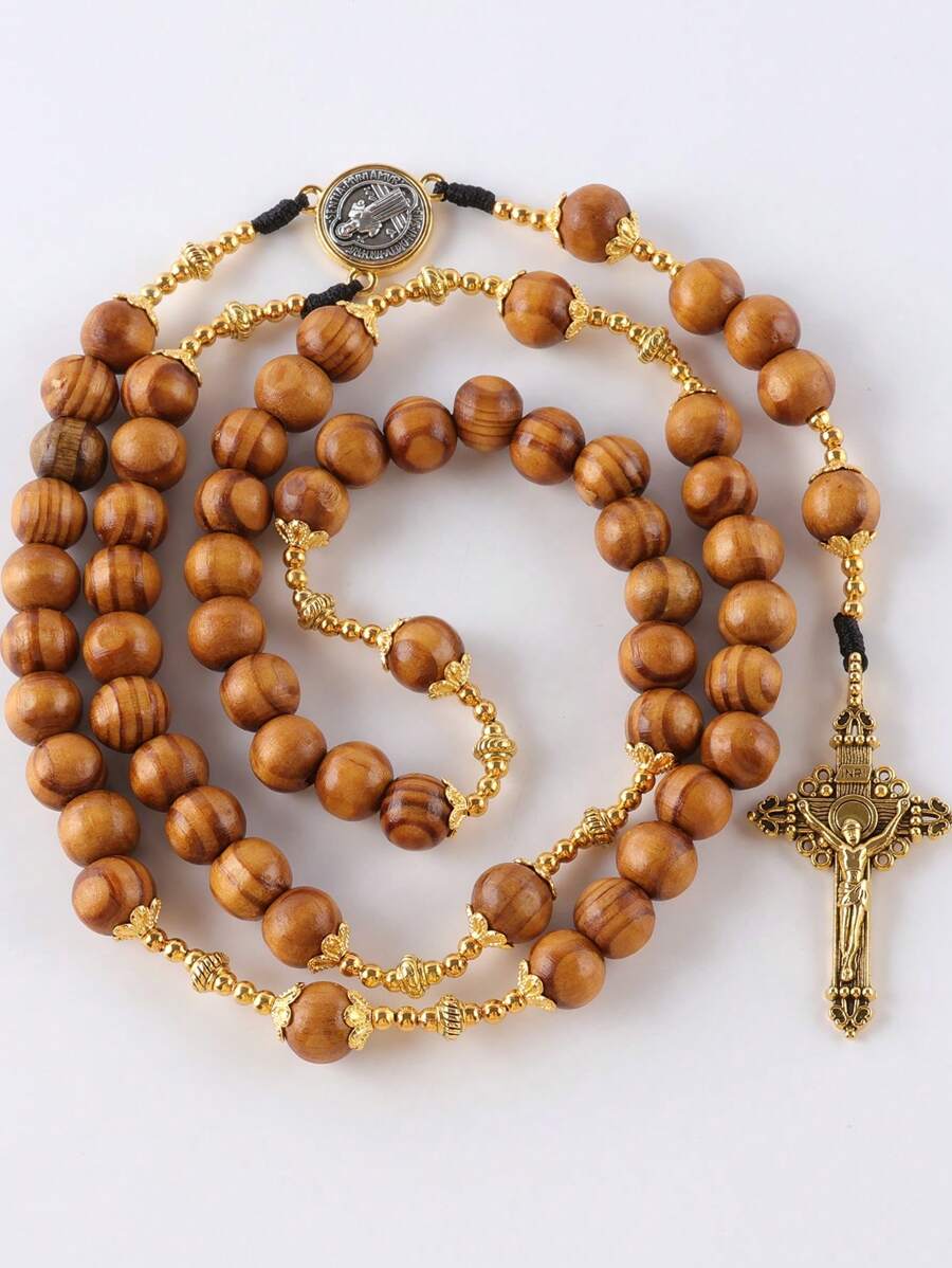 GO2CJBEADS 1 pieza Rosario vintage católico joyería 59 piezas cuentas de madera de 10mm collar con cruz, collar artesanal de cadena de suéter con cruz de madera católica colgante para hombres