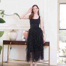 1pc Women Asymmetrical Layered Ruffle Cake Skirt, Tulle Net Puff A-Line Skirt - Black - View 2