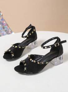 Damskie satynowe sandały na grubej podeszwie z jedną klamrą, zdobione kryształkami, z odkrytymi palcami i nitami, seksowne, odpowiednie do codziennego noszenia i na imprezę