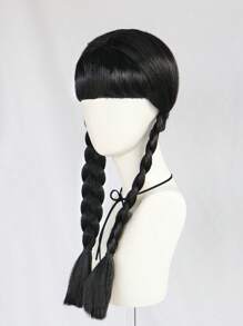 28 Inch Long Black Dual Braided Cosplay Wig With Bangs For Women Halloween Costume Anime Party, Black Double Low Braided Hairstyle Film Character Wig For Concerts Vacation Photography Themed Events Comic Con Exhibition