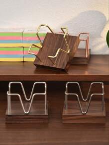 1/2pcs Desktop Self-Adhesive Memo Paper Organizer Holder With Business Card Rack, Black Walnut Simple Hollow Metal Memo Pad Holder