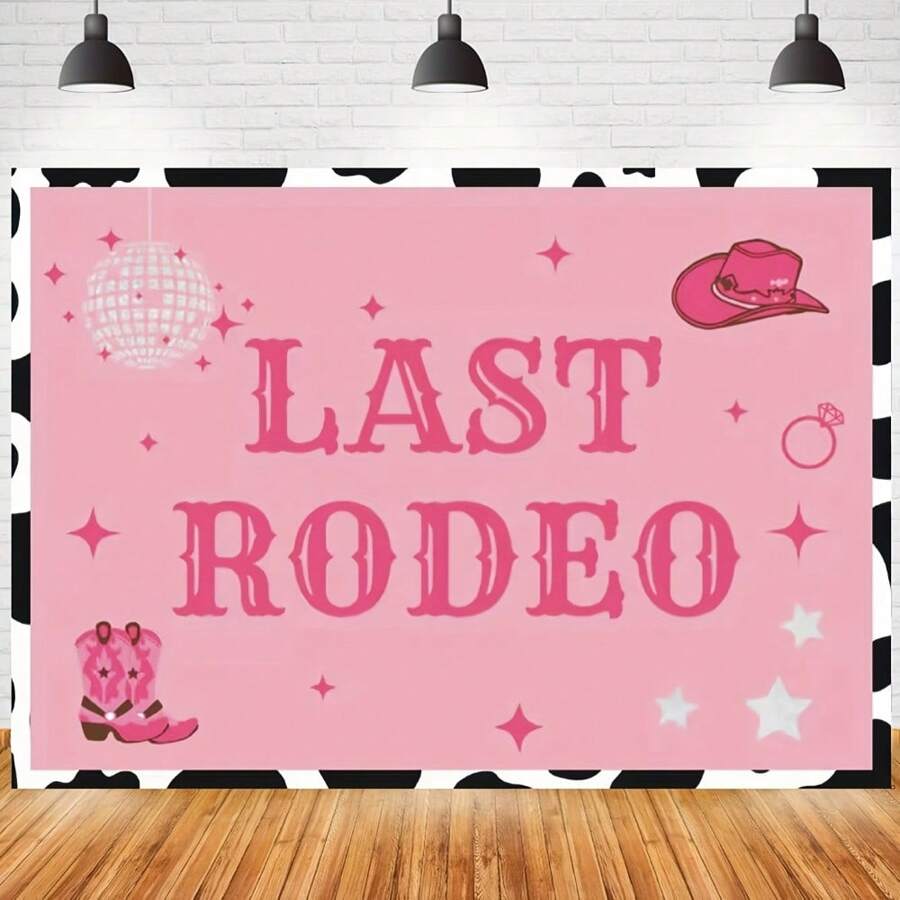 1 件“最后的牛仔派对”牛仔主题背景，粉色涤纶面料，新娘送礼会装饰，单身派对照片背景，西部派对横幅，无需电力 - 1個 - 查看 1