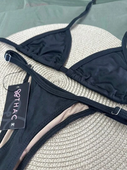 Biquíni de fita canelado brilhoso e com regulagem moda verão