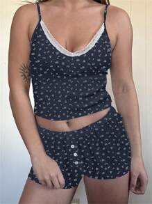 Women Y2k Pajamas Sets Cute Bear Floral Spaghetti Strap Crop Cami Tops + Sleep Shorts Lounge Sets 2 Piece Lace Trim Sleepwear Suit Sleeveless Camisole Tops And Boyshorts - 藍色 - 查看 4