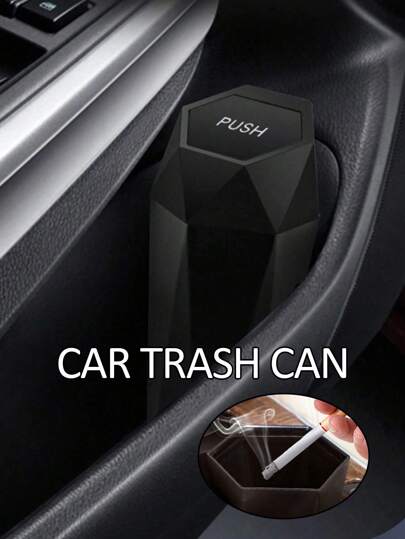 Black Plastic Flip-Top Mini Car Trash Can With Easy-To-Clean Design, Can Be Placed On Car Cup Holder, As Well As Desk For Trash Collecting.