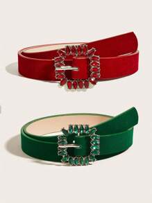 2 Pieces Vintage Buckle Water Ripple Shape Red & Green Crystal Velvet PU Belts, Minimalist Style Suitable For Party And Jeans - Multicolor - View 1