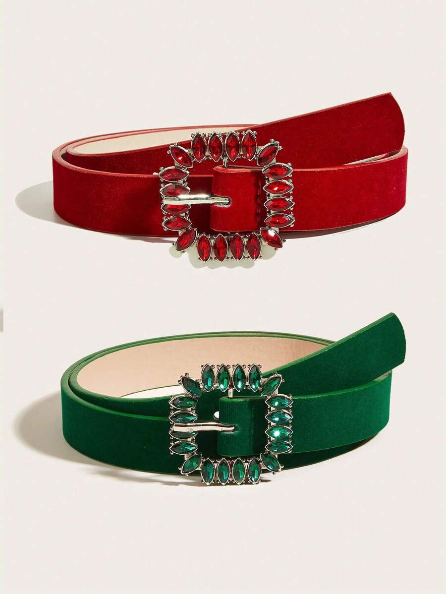 2 Pieces Vintage Buckle Water Ripple Shape Red & Green Crystal Velvet PU Belts, Minimalist Style Suitable For Party And Jeans - Multicolor - View 1
