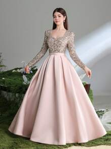 Vestido formal con cuello en forma de corazón, manga larga y diseño evasé con adornos de lentejuelas para niñas adolescentes, ideal para fiestas de cumpleaños, bodas, graduaciones y ceremonias de mayoría de edad - Rosa vieja - Ver 2