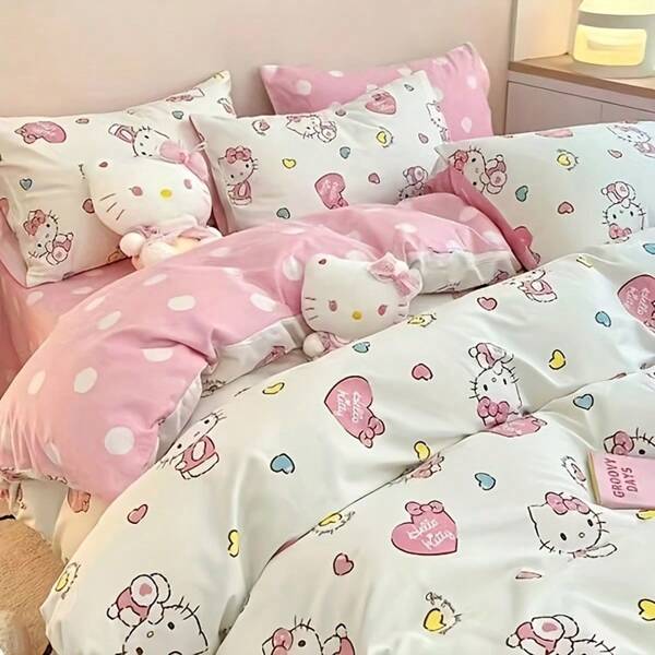 4 Pieces Sanrio Hello Kitty Bedding Set - Soft Cartoon Print, Cozy Bedroom Essentials - Includes Duvet Cover, Sheet And Pillow Case Designed By 2 Cute Characters, Skin Friendly Brushed Fabric, Zipper Closed, Fast, Machine Washable, Polyester, Vibrant Print, Handmade, Weight >500g - All Year