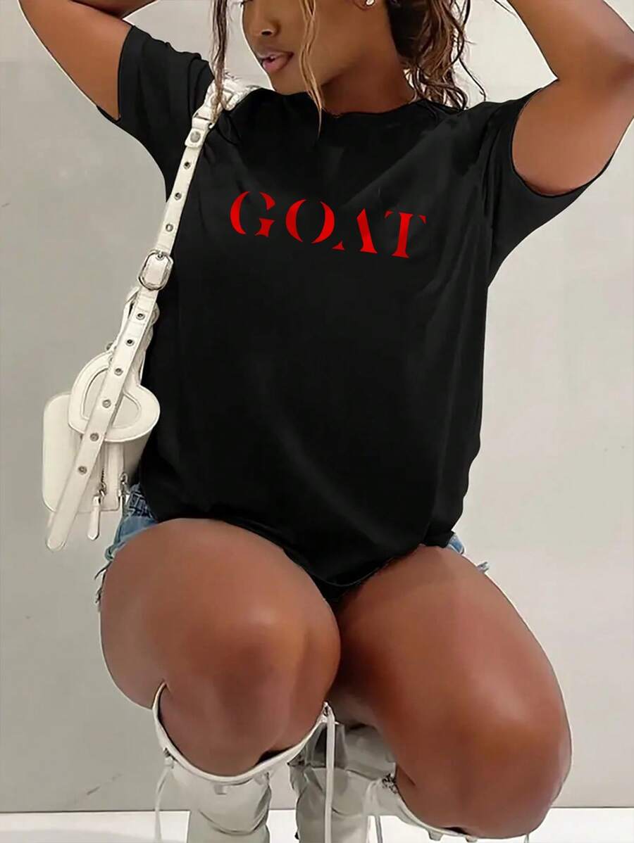 Áo thun ngắn tay nữ kiểu dáng thường ngày, in chữ, thích hợp cho mùa xuân và hè, màu đen. - màu đen - Xem 1