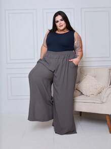 Plus Size Palazzo Pants Large Size Duna High Waist With Elastic Wide Legging Blogger Promotion - Grey - View 3
