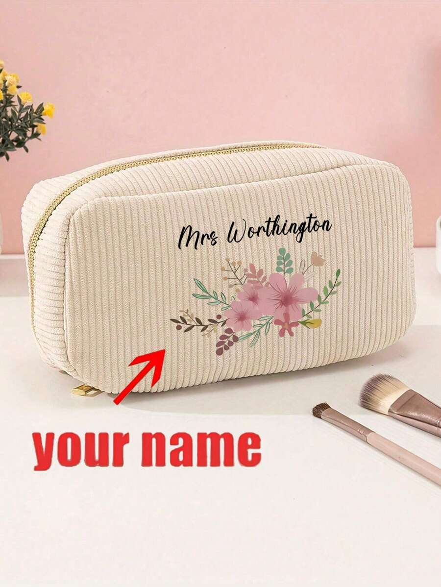 1pc Customizable Makeup Bag - Personalized Name & Design, Corduroy Zipper Makeup Pouch - Lightweight Multifunctional Cosmetic Bag For Women, Fashion Polyester Makeup Bag, Secure Zipper Closure, Ideal Travel Accessory, Unisex Adult Toiletry Organizer - Beige - View 1