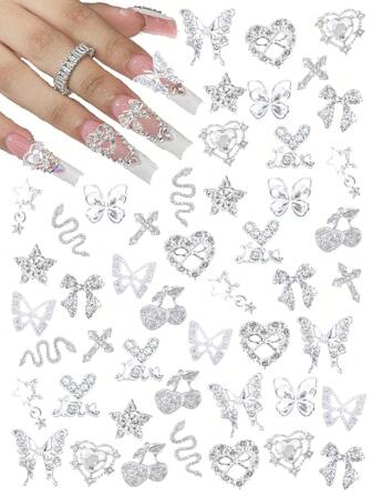 24 st Y2K-legering nagelsmycken konst strassdekor inklusive 3D-hjärtan, stjärnor, rosetter, körsbär, glänsande ädelstenar och juveler nagelkonsttillbehör nageltillbehör naglar nagelberlocker