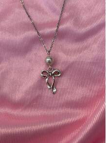 collar aesthetic coquette con moño y2k para mujer o adolescente cadena de material acero inoxidable plateada resistente al agua - moño - Ver 2