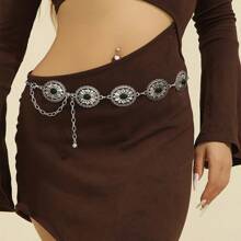 Chaîne de taille décorative polyvalente pour femmes, ceintures de mode décontractées en turquoise à imprimé vintage pour jupes et pantalons, chaîne de taille en métal creux rétro mignon et bande dessinée punk, convient pour le mariage, le printemps, l'été, l'automne, l'été