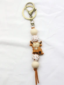 1PC Brown Western Vintage Animal Yak Silicone Beaded Keychain For Cowboy Cowgirl Gift Bag Purse Backpack Pendant Keyring