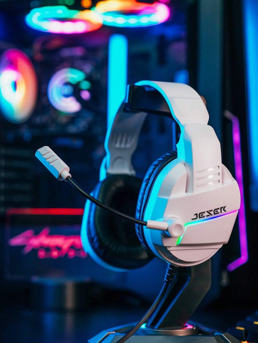 GX30 白色有线游戏耳机，带背光、重低音、可旋转麦克风、3.5mm 插孔