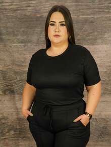 Talla grande Camiseta sólida y pantalones con cintura ajustable con cordón - Negro - Ver 3