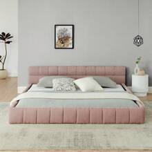 YOGLAD King Size Upholstered Bed Frame With Thick Fabric, Chenille Fabric Grounded Queen Size Platform Bed With Headboard And Solid Frame. No Box Spring Needed - 粉紅色(King Size) - 查看 1
