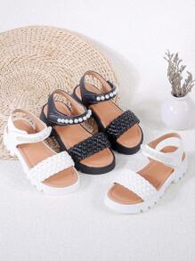 1 Pair Girls Pearl Decor Hook-And-Loop Princess Sandals, Suitable For Summer - Black - View 4