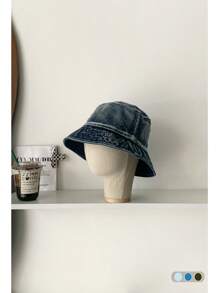 1 pieza Sombrero tipo cubo vintage lavado con ala ancha para mujer, sombrero casual transpirable de protección solar, moda retro versátil