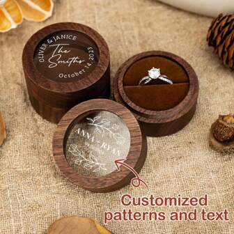 Custom Wooden Wedding Engagement Ring Box - Single Slot / Double Slot Engraved Wooden Ring Case Box - Clear Acrylic-Lid Wood Ring Box, Circular Ring Bearer Box, Anniversary Gift, Ring Box For Wedding Ceremony, Anniversary Gift, Stylish, High-Quality, Vintage, Custom, Personalized, Unique Ideal Gifts For Him