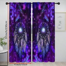 2PCS Dream - Catcher Printed Curtain, Mysterious And Dreamy Style, Purple Starry - Sky Background With Stars And Feathers Embellishment, Rod - Pocket Included, Suitable For Home Decor In Living Rooms, Bedrooms, Children's Rooms, Studies, Etc.